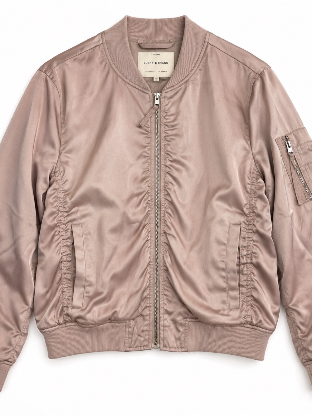 Lucky Brand Ruched Satin Bomber Jacket Large Taupe Blush